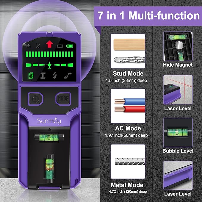SUNMAY Stud Finder Wall Scanner - 7 in 1 Stud Detector Center Finder for Wood Metal AC Wire Joist Pipe Detection, Electronic Stud Sensor with Laser Level, LCD Display, Bubble Level & Ruler