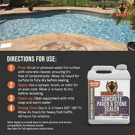 Paver Sealer - 8700 Wet Look (Satin Finish) - 1 Gallon Covers up to 175-250 sq ft (2 Coats)| Concrete Sealer Outdoor - Color Enhancing Acrylic Sealant for Stones, Patios, Pavers, Bricks & Driveways