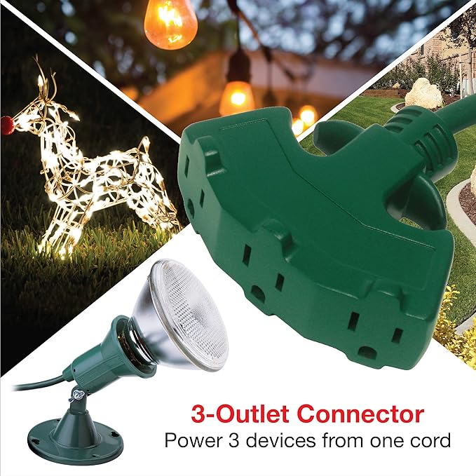 Clear Power Outdoor Extension Cord - 8 FT, Green | Lawn & Garden, 16/3 SJTW, 3-Outlet, Water & Weather Resistant, Flame Retardant, 3 Prong Grounded Plug, Perfect for Christmas and Holiday (CP10210)