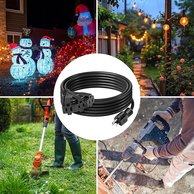 BN-LINK 2-Pack 25Ft Outdoor Extension Cord with 3 Outlets 16/3 SJTW Power Cord, 3-Prong Grounded Plug, for Landscaping & Holiday Decorations, ETL Listed,Black