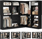 Unikito 110” Closet System with Drawers, Corner Closet Organizer with 4 Hanging Rods and Mirror Design, 9.3FT Reversible Large Wood L Shaped Walk in Closets Wardrobe with Shoe Shelves, Set of 4, Black