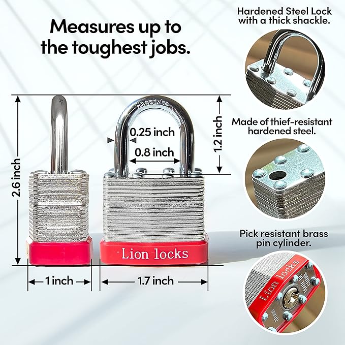 Lion Locks 24 Keyed-Alike Padlocks w/ 1.25” Shackle, 48 Keys, Hardened Steel Case, Brass Cylinder (24-Pack) - for Hasp Latch, Sheds, Fences, Storage Locker, School, Gym