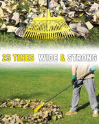 Garden Leaf Rake, 18” Wide Metal Rake with 25 Teeth, 62" Adjustable Long Handle, Heavy Duty Lawn Yard Tool for Leaves, Grass, Shrubs, Debris, Pine Needles, Garden Cleanup Tools for Backyard