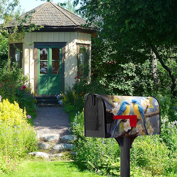 Summer Bird Floral Mailbox Covers Magnetic Spring Bluebirds Flower Mailbox Cover Standard Size 21x18 Inch Mailbox Wraps Outdoor Decoration Post Letter Box Cover for Garden Yard
