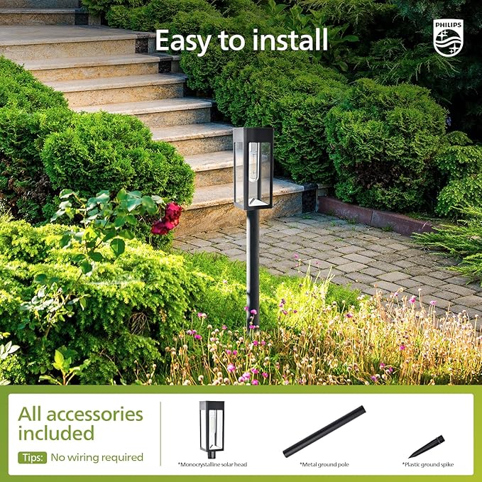 Philips 2 Packs Solar Pathway Lights Outdoor, Glass Metal Led Garden Landscape Lightings, 3000K Warm White, Waterproof for Decor Yard, Walkway, Patio, Driveway, Lawn