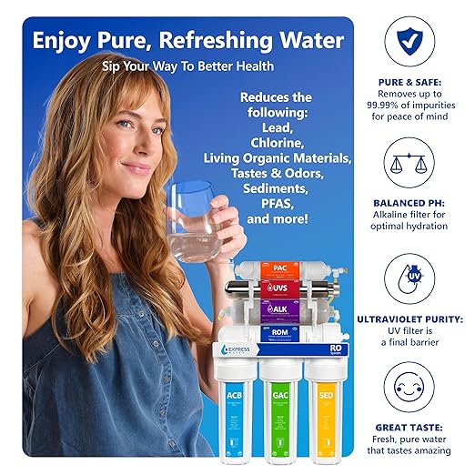 EXPRESS WATER UV Reverse Osmosis Water Filtration System – 11 Stage UV Water Filter with Faucet and Tank – Under Sink Water Filter with Alkaline Filter for added Essential Minerals 100 GDP