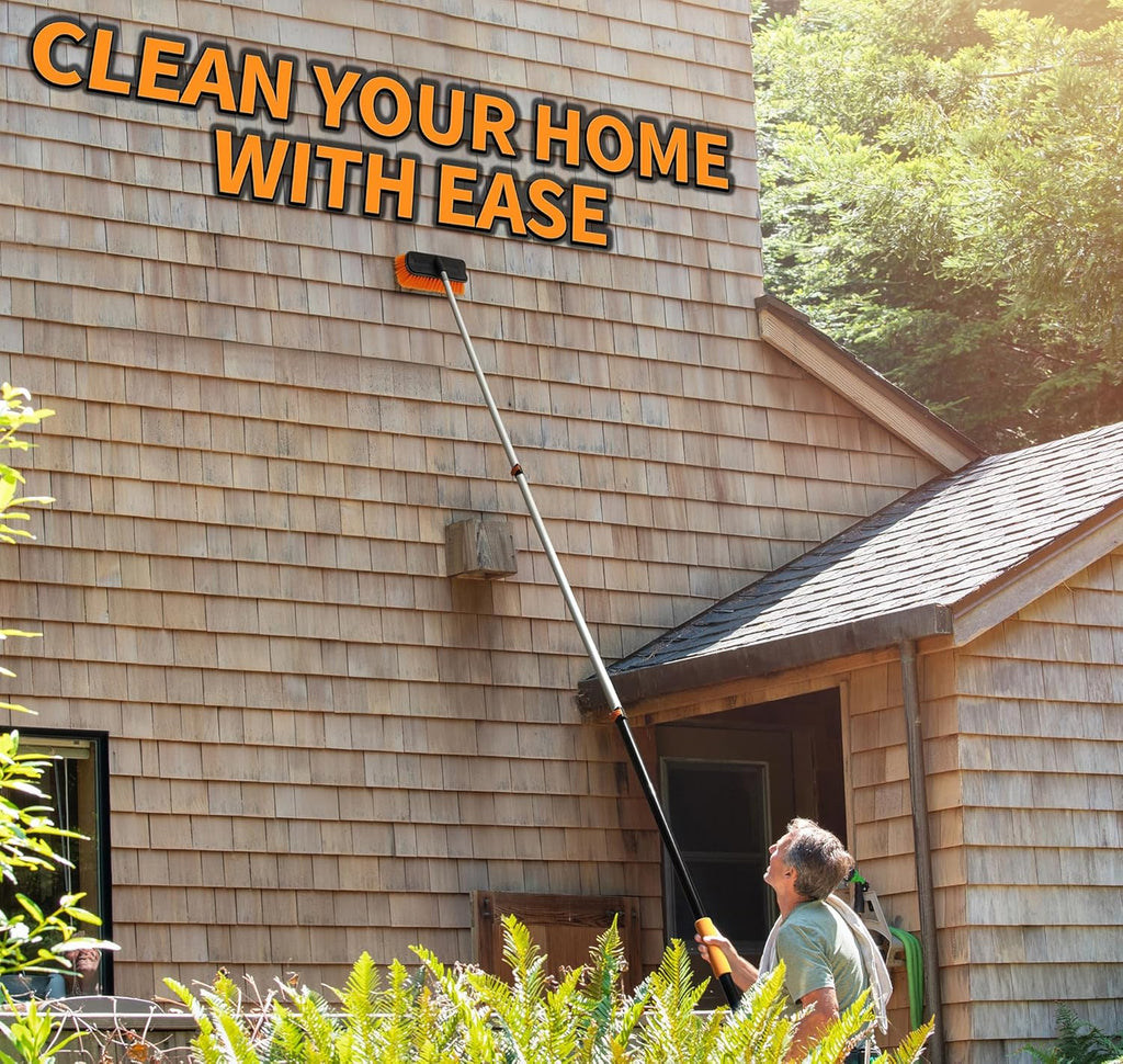 30-Foot Exterior House Cleaning Brush Set with 5-24 ft Extension Pole // Vinyl Siding Brushes with Telescopic Extendable Pole & Window Cleaning Squeegee Tool // The Ultimate Extension Scrub Brush Set