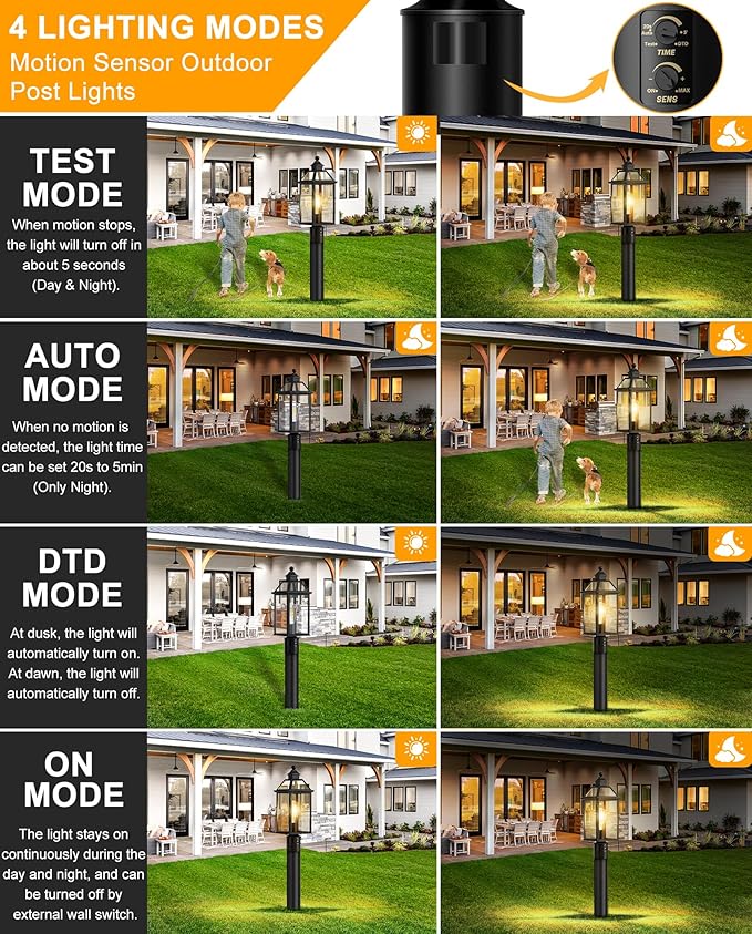 18.5" Motion Sensor Outdoor Post Lights, 360° Detection Lamp Pole Light Fixture 4 Lighting Modes, Large Waterproof Aluminum Outside Exterior Lantern for Garden, Porch, Pathway, (Black)