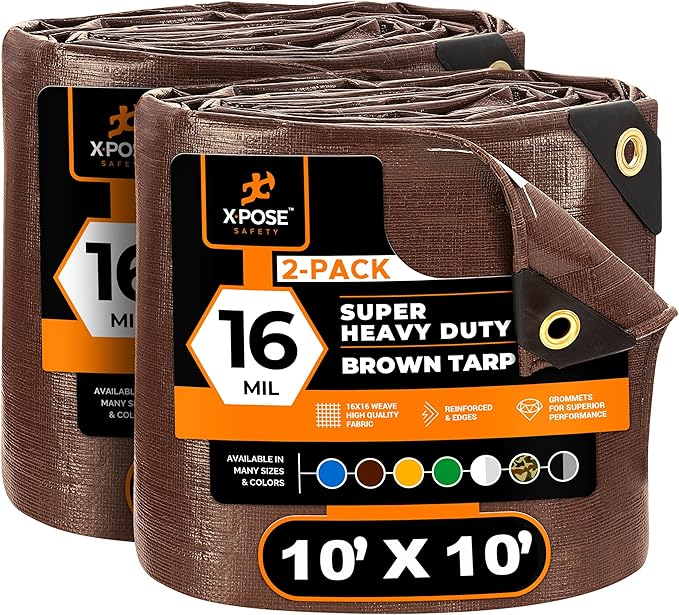 Xpose Safety Super Heavy-Duty 10' x 10' Brown Poly Tarp (2-Pack) - 16 Mil Waterproof & UV Resistant, Rip-Proof with Reinforced Edges & Grommets