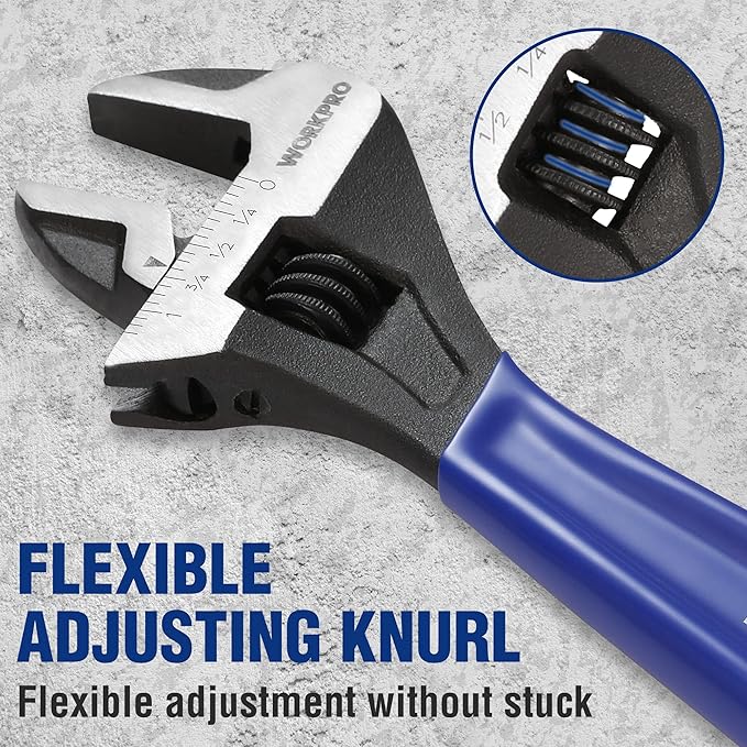 WORKPRO 5-piece Adjustable Wrench Set, 4-Inch & 6-Inch & 8-Inch & 10-Inch & 12-Inch Wrenches, Wide Jaw Black Oxide Wrench, Metric & SAE Scales, Cr-V Steel, for Home, Garage, Workshop