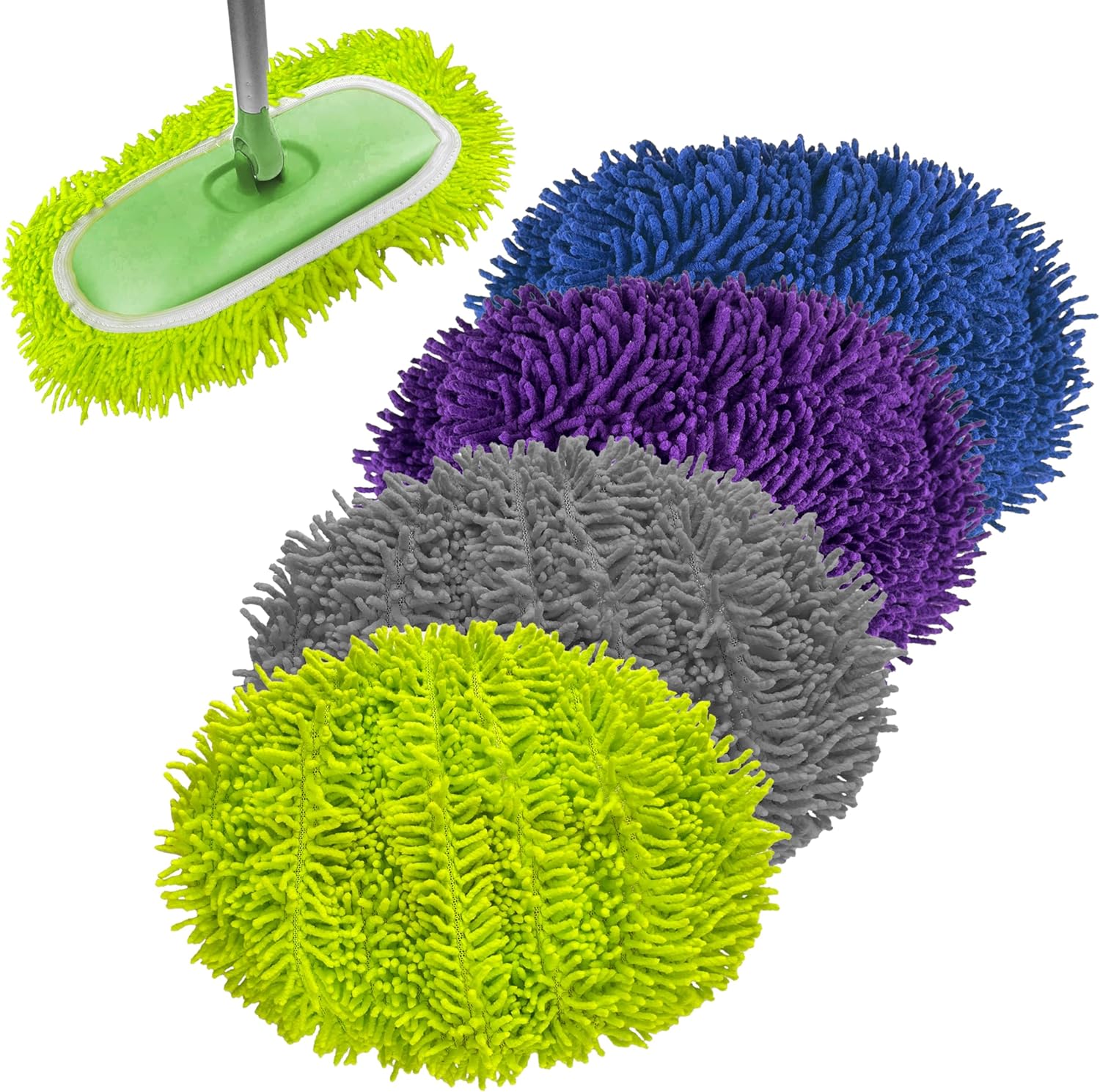 Reusable Microfiber Chenille Mop Pads Compatible with Swiffer Sweeper, Dry Sweeping Cloths & Wet Mopping Cloths, Refills for Hardwood Surface Floor Cleaning, 4 Pack (Green+Purple+Blue+Grey)