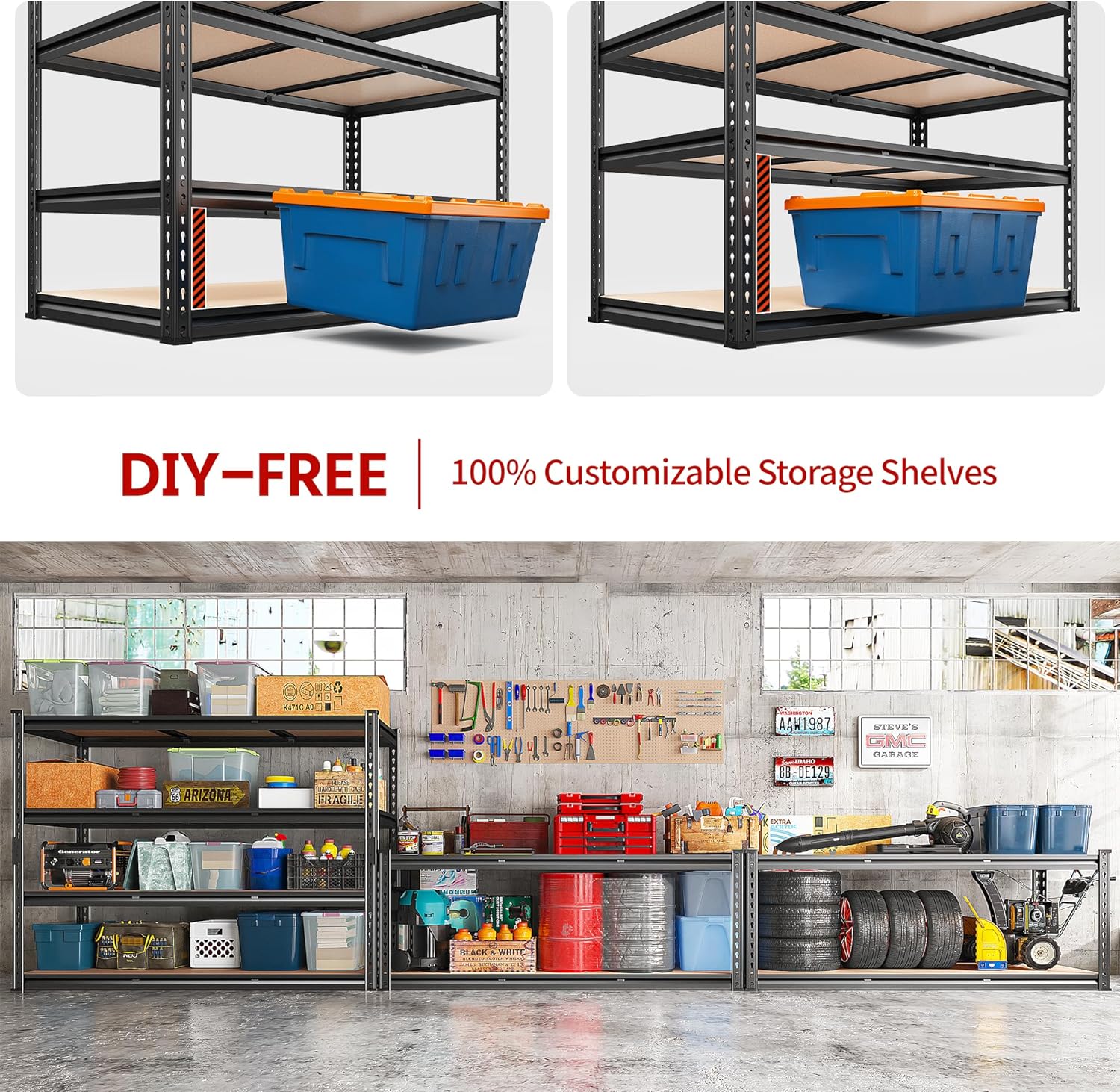 REIBII 48.2" W Garage Shelving, Storage Shelves Load 2600LBS, 4-Tier Adjustable Heavy Duty Metal Shelves for Warehouse, Pantry, Kitchen, 60.1" H X 48.2" W X 24" D, Black