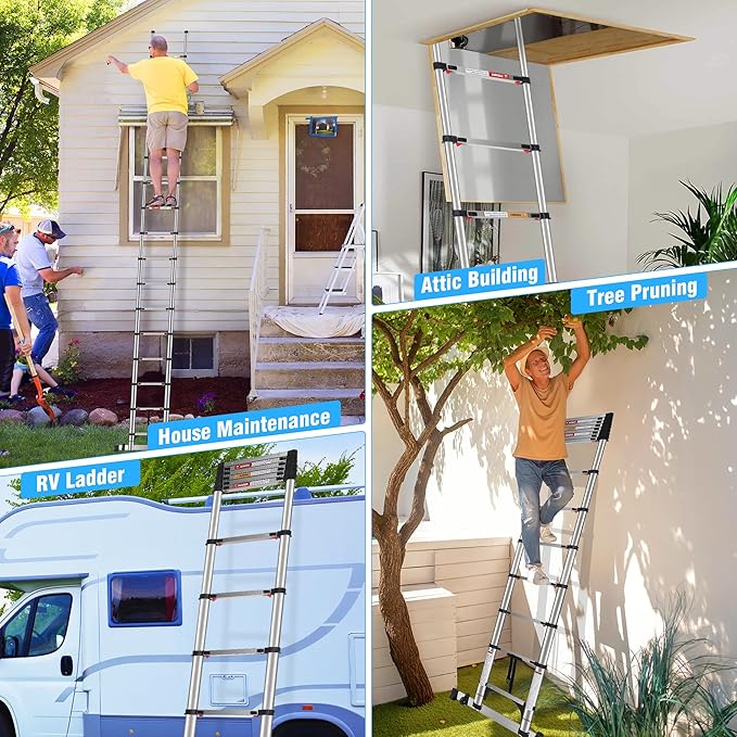 Telescoping Ladders 16.5 FT Stainless Steel Extension Ladders - Multi-Button Retraction Collapsible Ladder for Home,RV,Loft, Lasts 375 LBS with Balance Bar,2 Triangle Stabilizers and Wheels