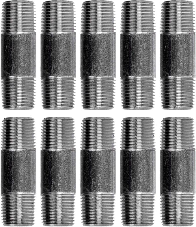 PIPE DÉCOR 1/2" x 2-1/2" Malleable Cast Iron Pipe Nipple, Pre Cut Connectors, Industrial Steel Grey Fits Standard Half Inch Black Threaded Pipes Nipples and Fittings, Vintage DIY Furniture, 10 Pack