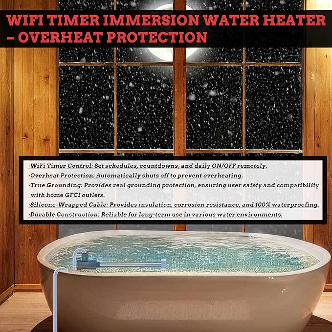 1800W Inflatable Pool 316 Immersion Water Heater with Wifi Timer & Temp Control – Submersible Electric Heater for Bathtub, Bucket, Spa, Above-Ground Pool, Swimming Pool, Baptistry & Hot Tub