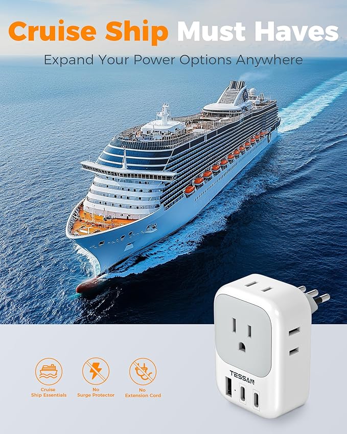 TESSAN Italy Travel Plug Adapter, Type L Adapter for Travel with 4 Outlets 3 USB (2 USB-C), Power Adaptor for US to Italy Chile Rome Uruguay Milan Libya