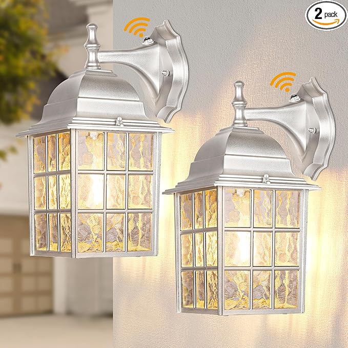 WIHTU Silver Exterior Lighting Fixtures Wall Mount, Dusk to Dawn Outdoor Porch Wall Lights, Sensor Wall Lantern Wall Lamp Set of 2, Waterproof Wall Sconce, Outside Lighting for Garage, Front Door