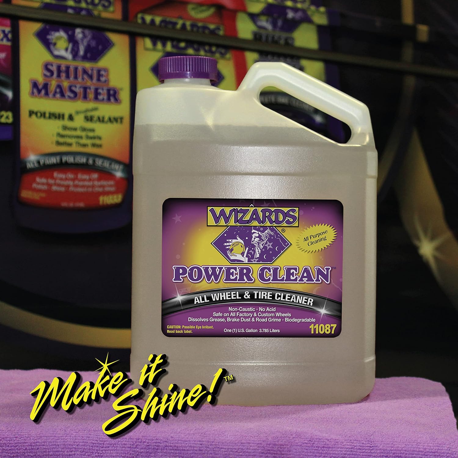 Wizards Power Clean Wheel and Tire Cleaner - Non Caustic and No Acid Biodegradable Interior Cleaning Supplies - Safe on All Kinds of Wheels - Dissolves Grease, Brake Dust and Road Grime - 1 Gallon