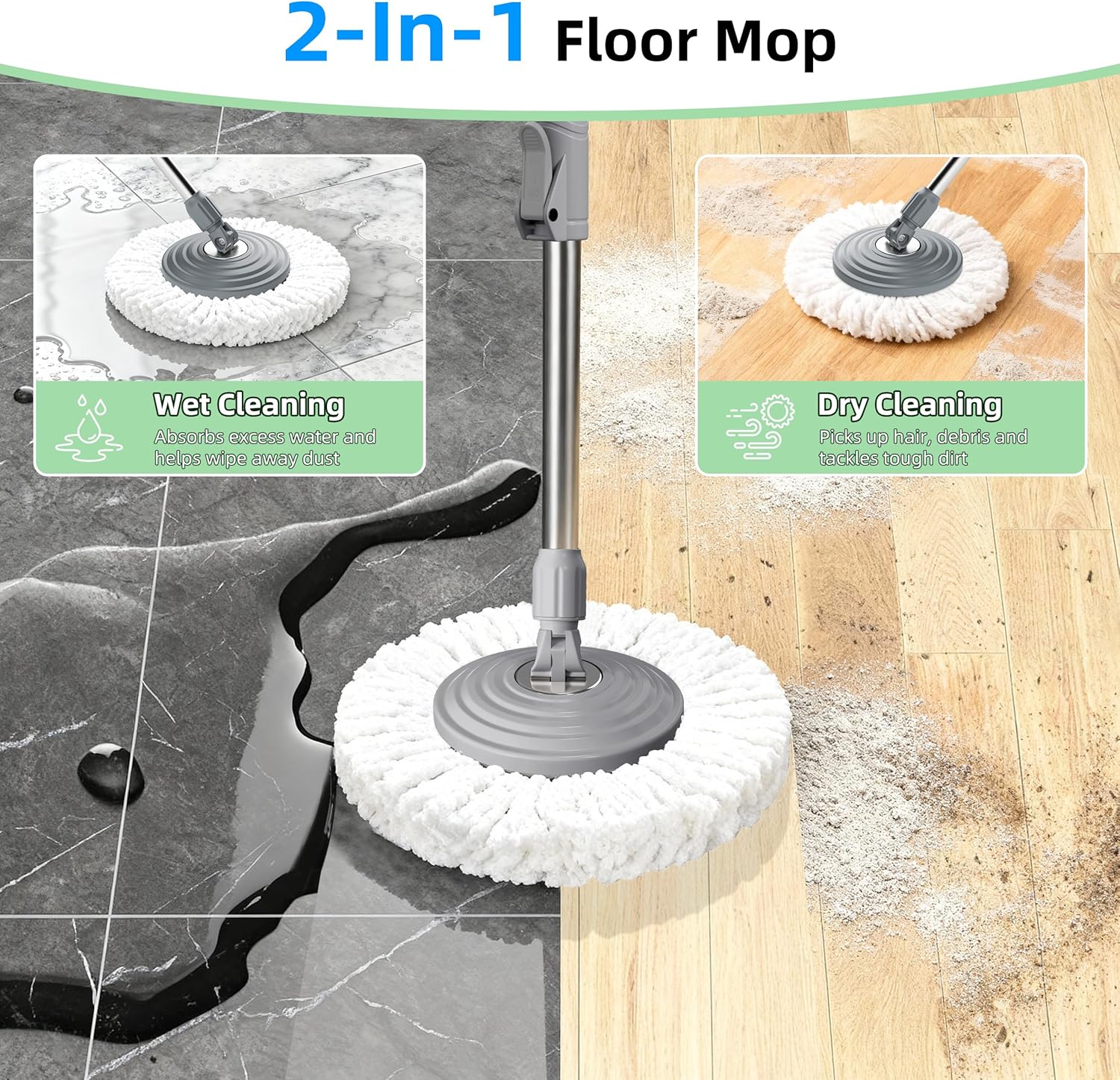 2025 Upgraded Gen 2 Spin Mop and Bucket Set with 4 Swivel Wheels for Easy Rolling, Separates Clean & Dirty Water, Floor Mop with 6 Washable Mop Heads for Wood, Tile, Vinyl, Baseboards - Grey/Blue