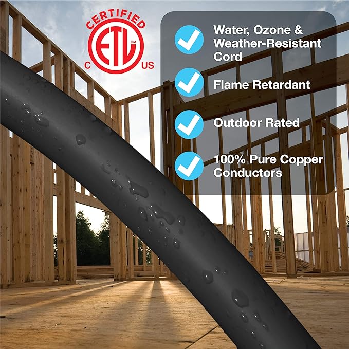 Clear Power 15 ft Indoor/Outdoor Extension Cord 16/3 SJTW, Black, Water & Weather Resistant, Flame Retardant, 3 Prong Grounded Plug, CP10123