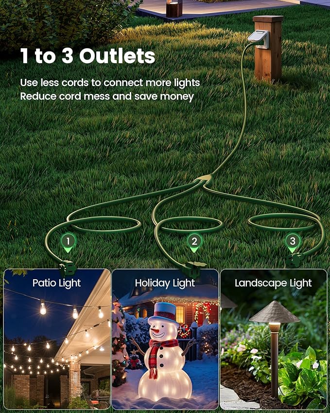 SURAIELEC Outdoor Extension Cord with Multiple Outlets, (5+5+5+5) 20FT Total,10FT End to End, 1-3 Multi Plug Splitter, 16/3C SJTW, for Landscape, Christmas Lights, Halloween Decorations, Green