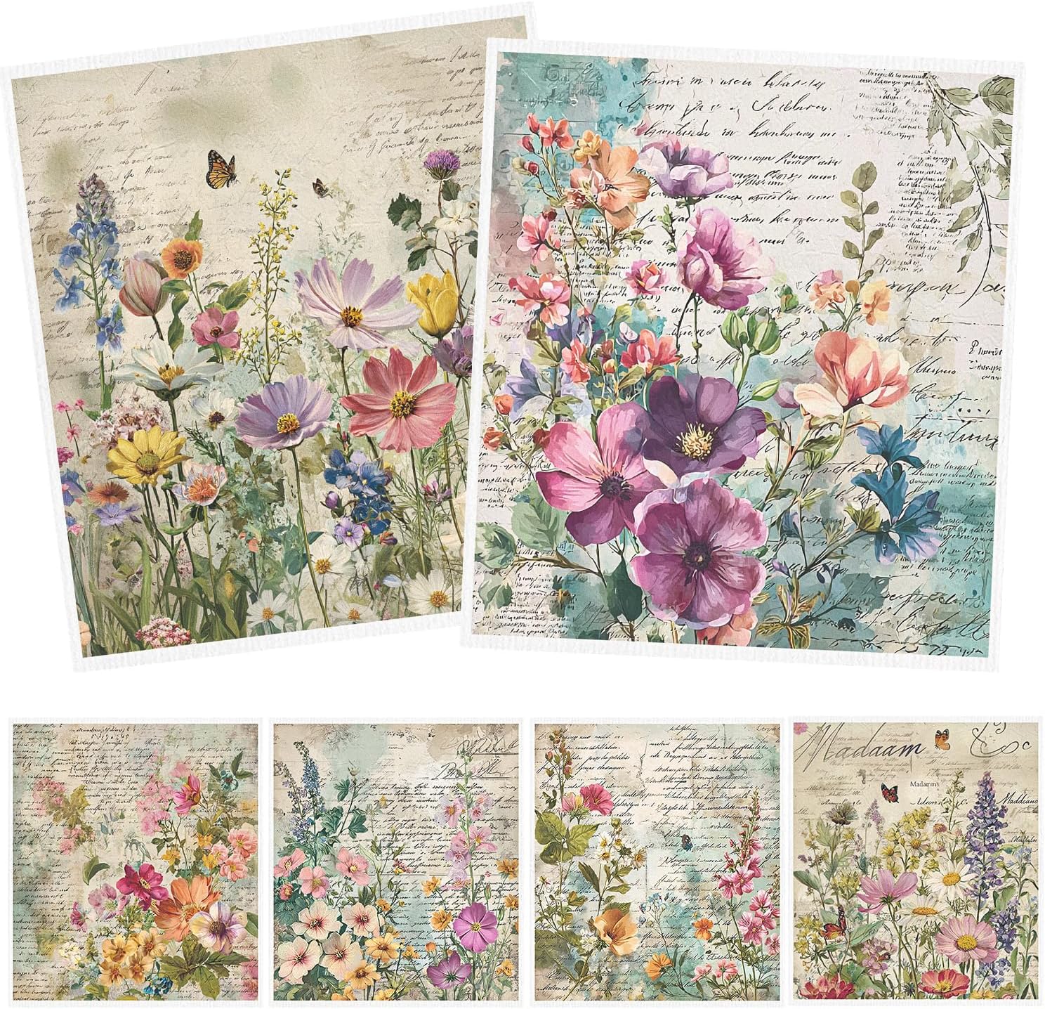 Floral Swedish Dishcloths for Kitchen, 6PCS Vintage Flower Swedish Dish Cloths Gift Set, Reusable Absorbent Cellulose Sponge Dish Towel for Home Cleaning(7.8 X 7 Inches)