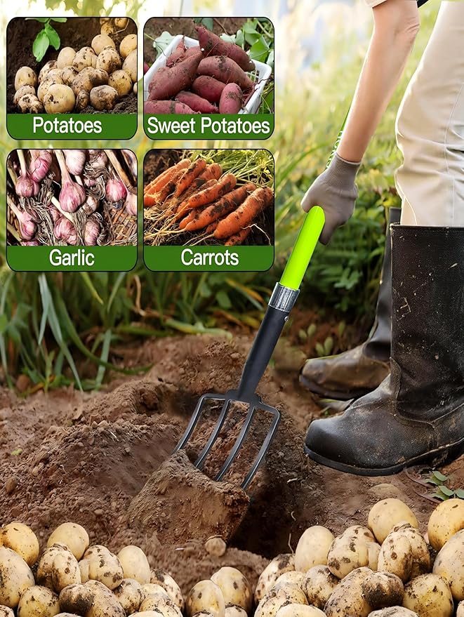 Garden Fork, 4-Tines Pitchforks,45-Inch Pitchfork for Gardening,Fiberglass Digging Fork Pole, D-Handle-(Green)