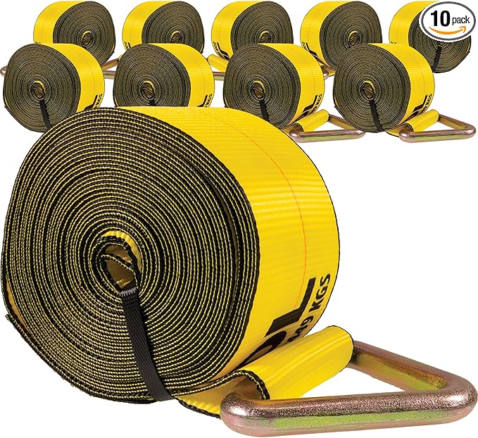 US Cargo Control 4" x 30' Winch Straps with D-Rings (10-Pack), 5,400 LBS Working Load Limit, Heavy Duty Flatbed Tie Downs, Yellow 4 Inch Straps for Flatbed Trailers, Trucks, and Cargo Securement