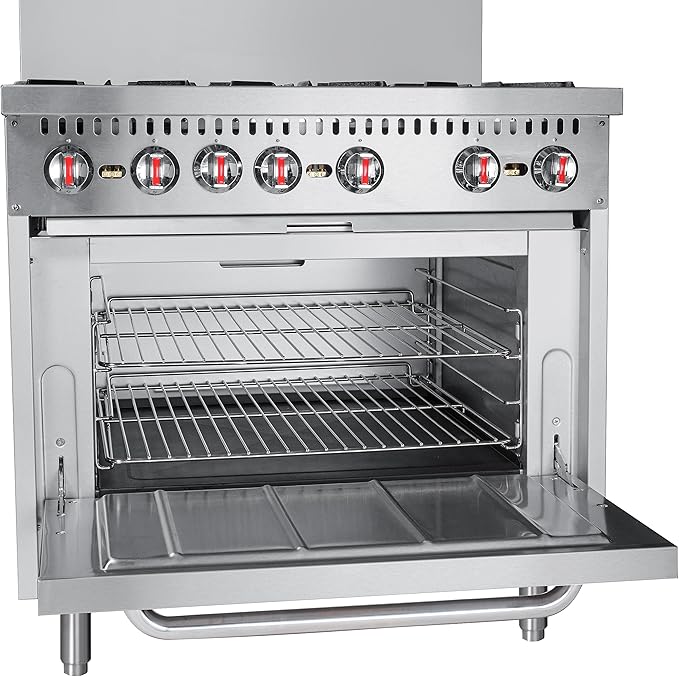 KoolMore KM-CR36-NG 36 in. 6 Burner Commercial Natural Gas Range with Oven, Solid Black