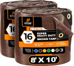 Xpose Safety Super Heavy-Duty 8' x 10' Brown Poly Tarp (2-Pack) - 16 Mil Waterproof & UV Resistant, Rip-Proof with Reinforced Edges & Grommets