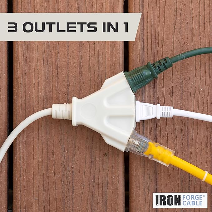 Iron Forge Cable Weatherproof 50 Ft Outdoor Extension Cord with 3 Outlets - 16/3 SJTW Heavy Duty Beige Extension Cord 3 Prong - 13 Amp Power Cable