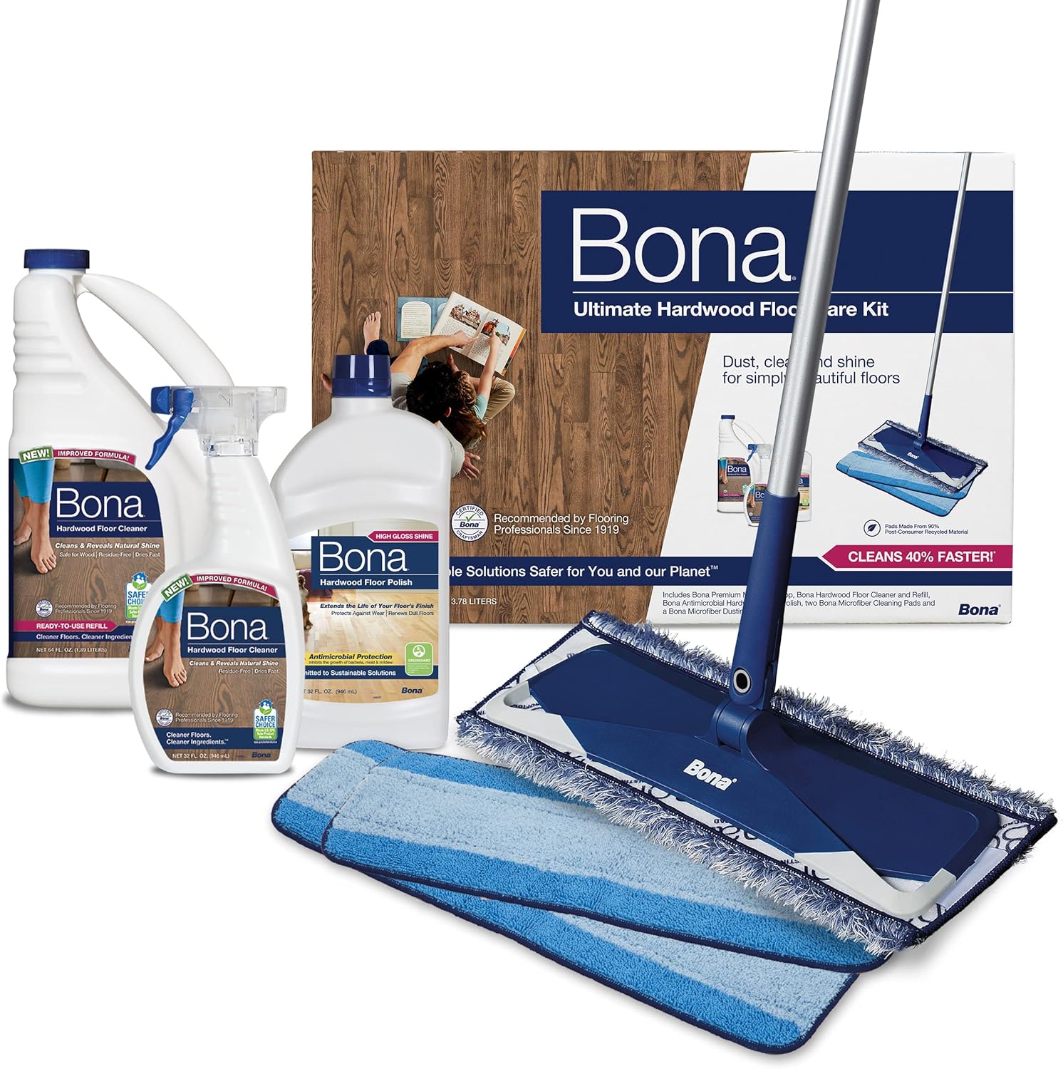 Bona Ultimate Hardwood Floor Care Kit - Includes Microfiber Mop, Hardwood Floor Cleaning Solution and Refill, Hardwood Floor Polish, Microfiber Cleaning Pads, and Microfiber Dusting Pad