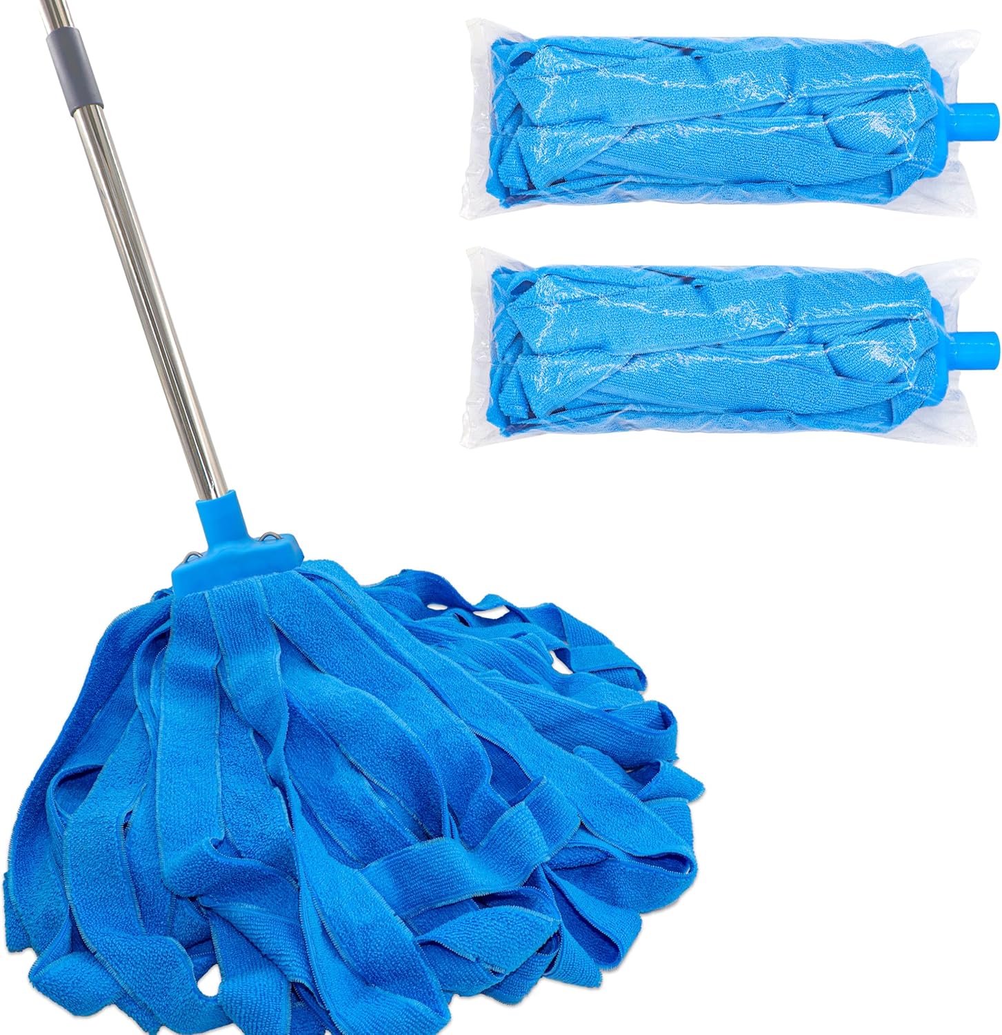 Screw On Microfiber String Mop, One Stainless Steel Pole + Two Blue Microfiber Cloth Mop Heads