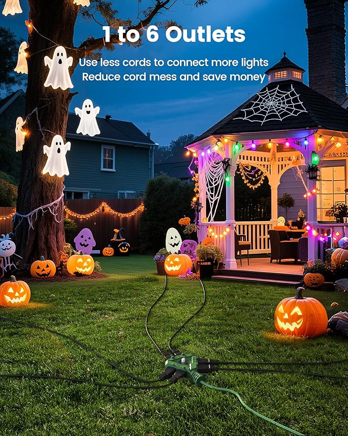 SURAIELEC Outdoor Extension Cord with 6-Outlet Power Hub Plug, 25FT 14/3 AWG SJTW Heavy-Duty Power Cord, 15A Circuit Breaker, ETL Listed, for Garage, Workshop, and Holiday Decorations, Green