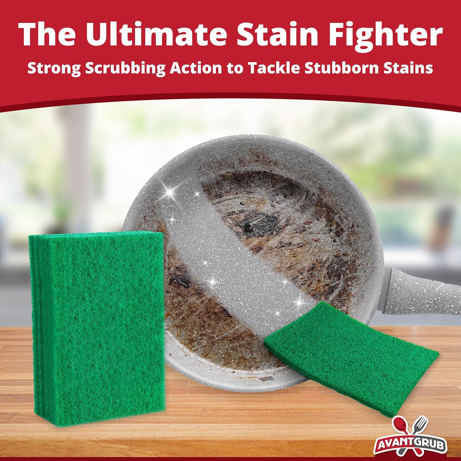 Green Sustainable 20 Pack Cleaning Scour Pads by Avant Grub. Powerful Stain Remover for Cookware. Easily Remove Grease and Residues. Eco-Friendly Solution for Kitchen Cleaning.