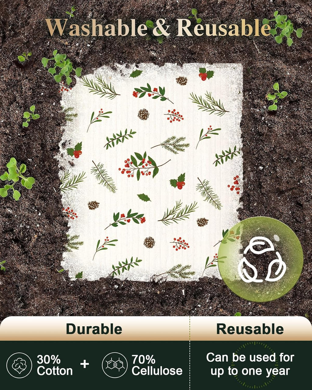 6 Pack Christmas Swedish Dishcloths for Kitchen - Reusable Dish Cloths for Washing Dishes Absorbent Cute Holiday Kitchen Towels Cleaning Sponge, Green Xmas Theme