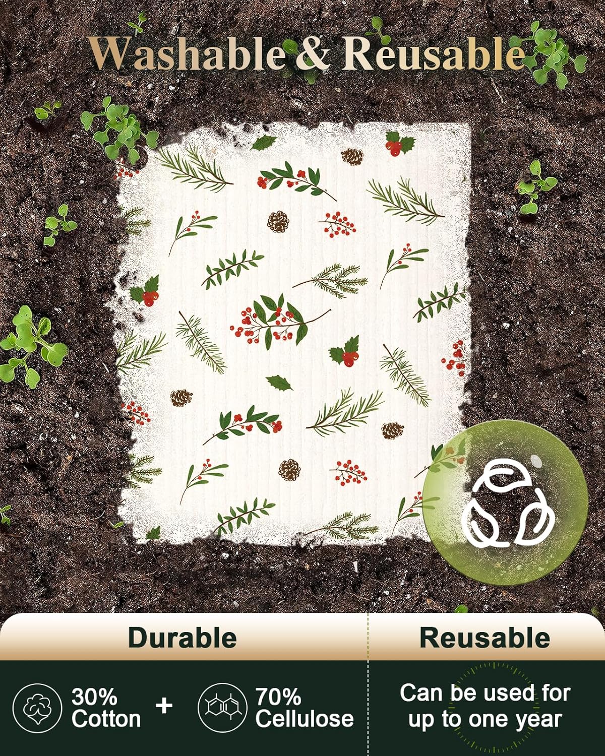 6 Pack Christmas Swedish Dishcloths for Kitchen - Reusable Dish Cloths for Washing Dishes Absorbent Cute Holiday Kitchen Towels Cleaning Sponge, Green Xmas Theme