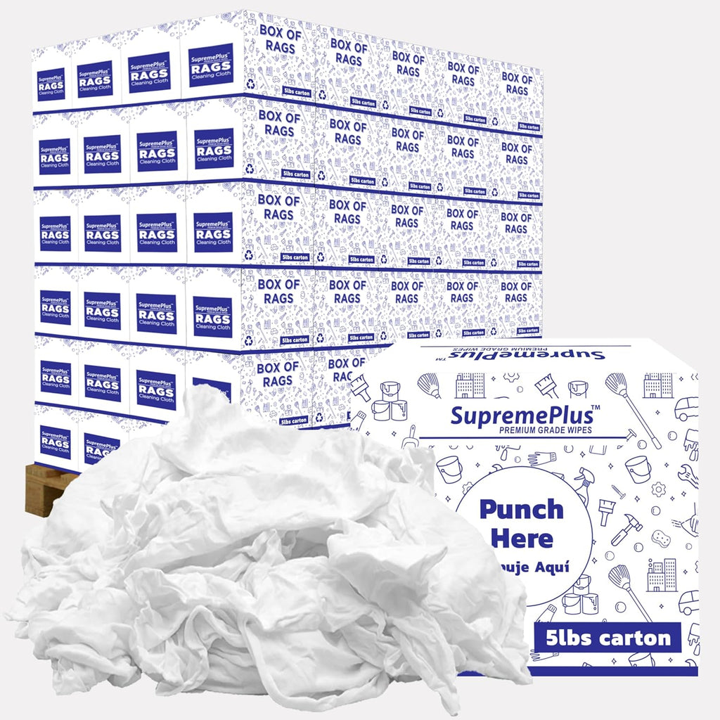 Premium White T-Shirt Cleaning Rags (600 lbs. Pallet 120x5 lbs. Box of Rags) – White Cotton Rag for Cleaning, Staining, Painting, Oil, Grease & Dust Removal – Shop Rags Bulk