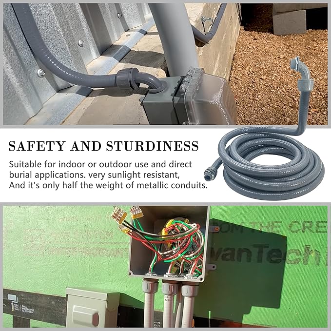 50 Foot Liquid-Tight Conduit Kit - 1/2inch Flexible Non Metallic Liquid Tight Electrical Conduit and 5 Straight and 4 Angle Fittings Included. 1/2" Dia