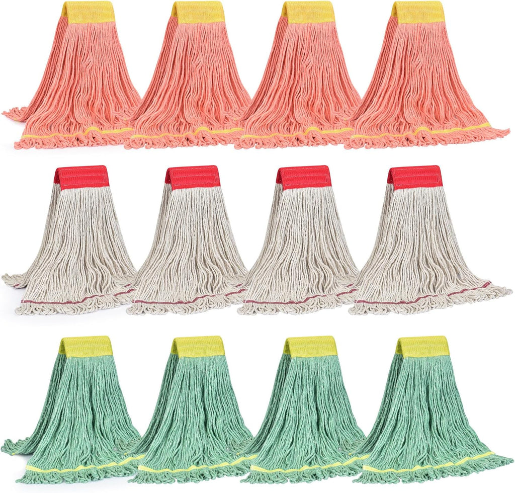 Matthew Cleaning 12Pcs 5'' Headband White&Orange&Green Medium Commercial String Mop Heads, Loop-End Mop Head Replacement, Heavy Duty Industrial Washable&Reusable Mop Refills for Residential& Warehouse