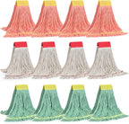 Matthew Cleaning 12Pcs 5'' Headband White&Orange&Green Medium Commercial String Mop Heads, Loop-End Mop Head Replacement, Heavy Duty Industrial Washable&Reusable Mop Refills for Residential& Warehouse