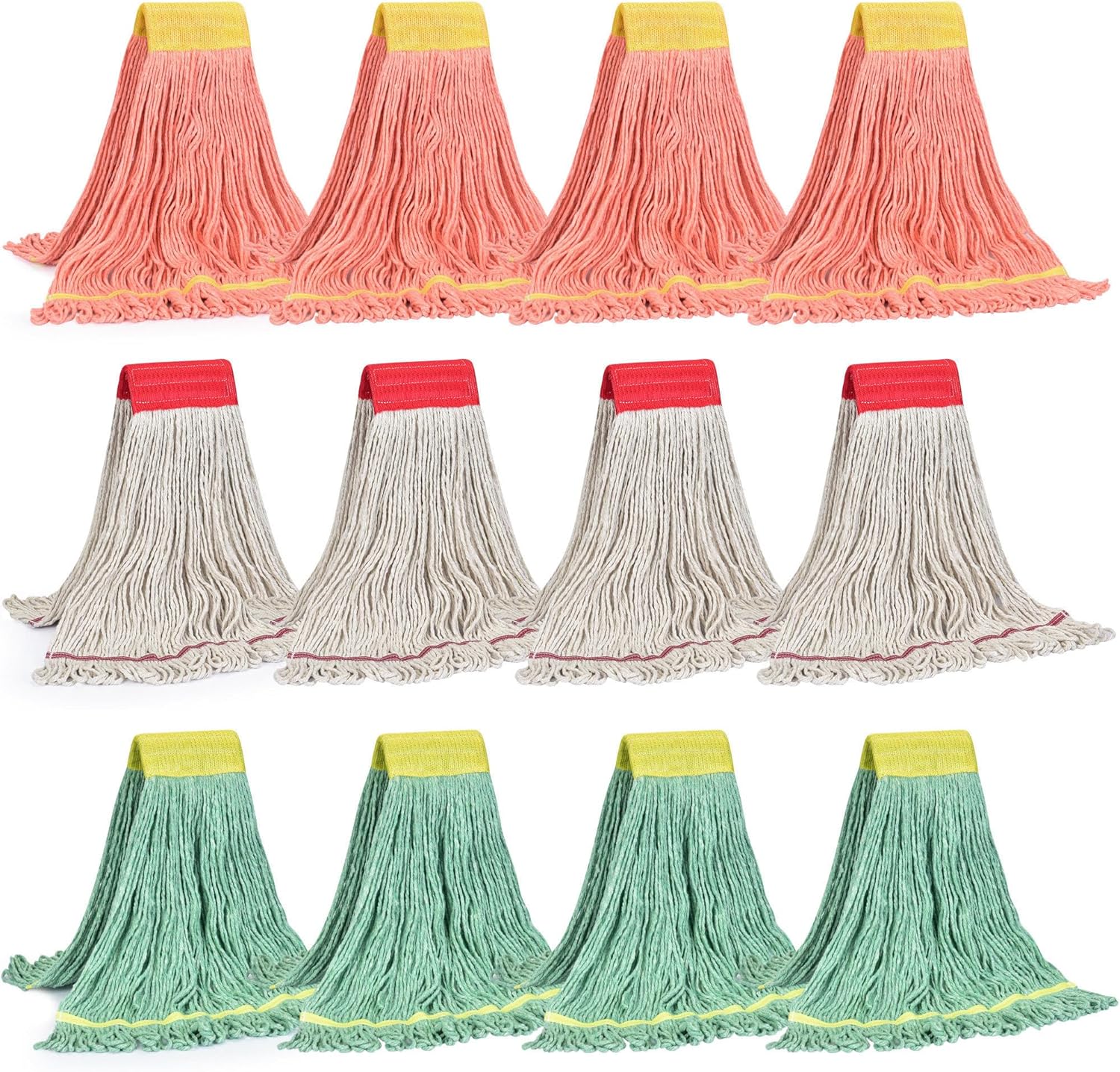Matthew Cleaning 12Pcs 5'' Headband White&Orange&Green Medium Commercial String Mop Heads, Loop-End Mop Head Replacement, Heavy Duty Industrial Washable&Reusable Mop Refills for Residential& Warehouse