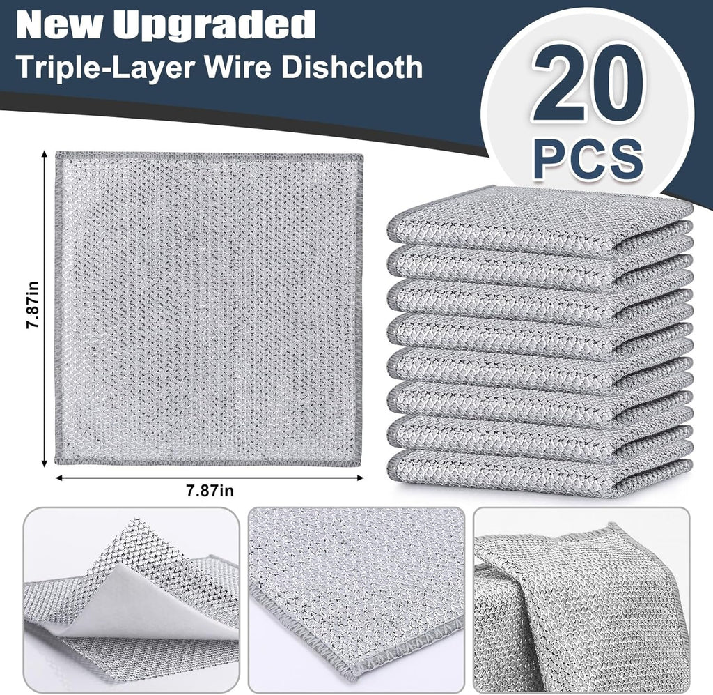Navona 20 Pcs New Upgrade Steel Wire Dishcloth,Triple-Layer Steel Wire Cleaning Cloth,Powerful Cleaning Non-Scratch Wire Dishcloth Rag for Cookware, Sinks, Dishes, Stove Tops, 20pack, NA-608