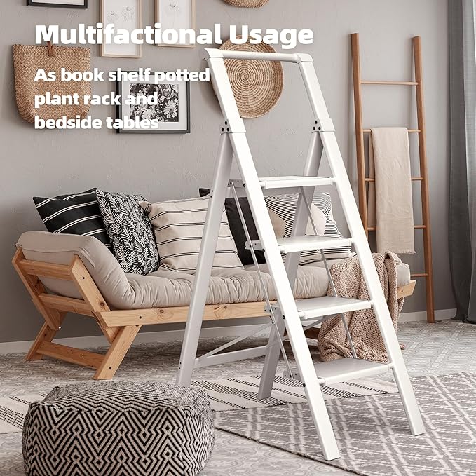 HillhutApex 4 Step Foldable Aluminum Step Ladder with Handgrip, Anti-Slip Pedal, 330 lbs Capacity, Lightweight & Portable for Home, Kitchen, Office, Garage (White)