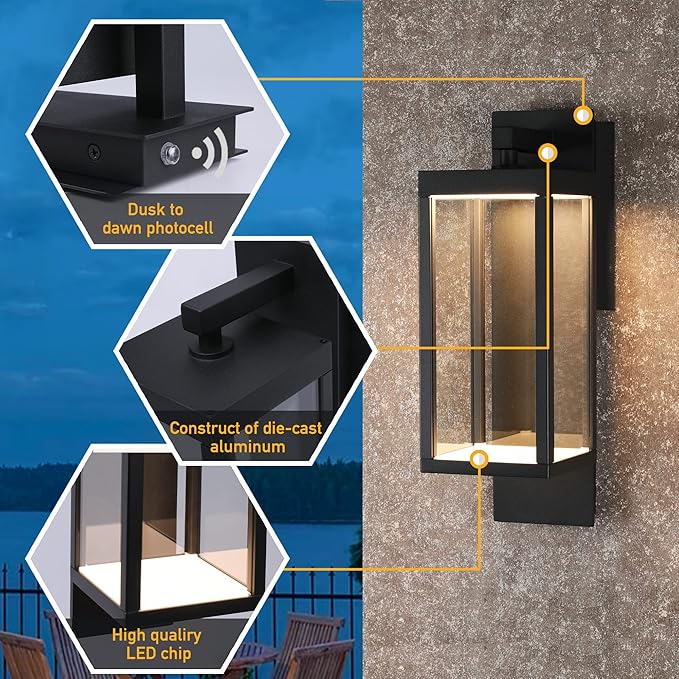 Dusk to Dawn Sensor Outdoor Wall Sconce, LED Integrated Exterior Wall Lantern Fixture, Wall Mount Lights Anti-Rust Waterproof Matte Black Wall Lamp with Clear Glass Shade for Garage, Doorway