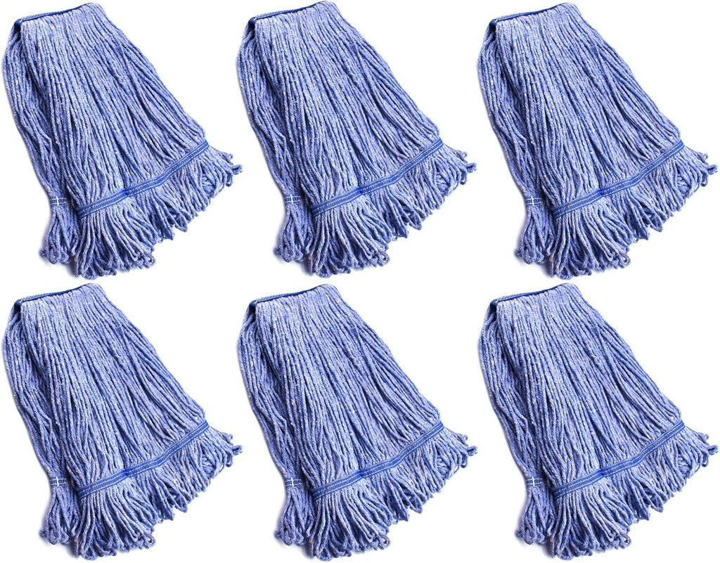 String Mop Heads Replacement Heavy Duty Commercial Grade Blue Cotton Looped End Wet Industrial Cleaning Mop Head Refills (6, Medium)