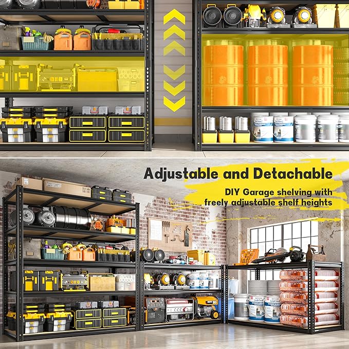 3200LBS Garage Shelving Heavy Duty 5 Tier Garage Storage Shelving, Adjustable Metal Shelving Unit Utility Rack Shelf for Warehouse, Pantry, Closet, Kitchen 72" H x 48" W x 24" D, Black