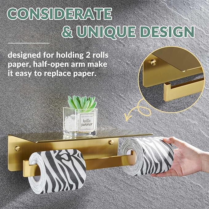 APLusee Brushed Gold Double Toilet Paper Holder with Shelf, Heavy Duty 304 Stainless Steel Tissue Holder for Bathroom with Storage, Commercial Paper Roll Dispenser Wall Mounted