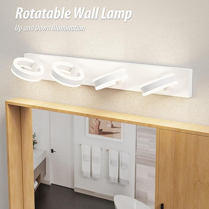 LED Bathroom Light Fixtures, 33inch White Vanity Lights, Modern 4 Light Acrylic Wall Sconces, 350° Rotatable Wall Lighting Fixture Over Mirror
