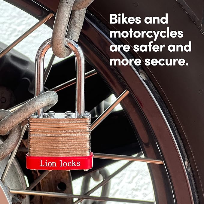 Lion Locks 4 Keyed-Alike Padlocks w/ 2” Long Shackle, 8 Keys, Hardened Steel Pad Lock, Pick Resistant Brass Pin Cylinder (Pack of 4)